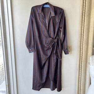 LOFT Brown Satin Striped Wrap Midi Dress w/ Waist Tie, Collared, Size M
